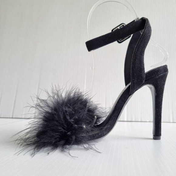 Aje. Black Feather & Suede Open Toe Stilettos Size 36 - Picture 5 of 10